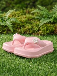HAHABOBO New Summer Girls' Cute 3D Pearl Flower Decorated Platform Flip-Flops, EVA Thong Sandals, Perfect For Beach Trips And Vacations - Pink - View 3