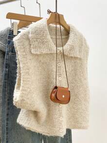 Women's Collared Front Button Sleeveless Knit Sweater Vest, Textured Fuzzy Knit, Casual Autumn/Winter Layering Vest - Beige - View 1