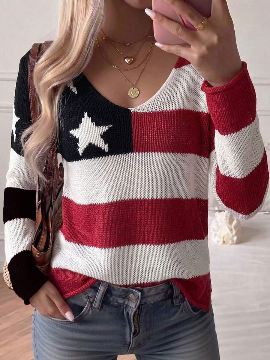 Women's American Flag Pattern V-Neck Long Sleeve Casual Sweater Black - Black - View 1