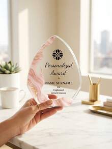 1pc Personalized Logo & Text Acrylic Trophy Plaque, Desktop Standalone Display, Gold Foil Design, Corporate Logo & Text Desktop Award, Unique Asymmetrical Shaped Acrylic Sign Gift, Suitable For Employee Recognition & Team Achievement - Multicolor - View 6