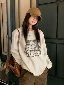 Women's Fashion Autumn/Winter Loose Fit Versatile Letter & Cat Print Long Sleeve T-Shirt Casual - Light Gray - View 3