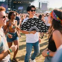 Black & White All-Over Bat Print Large Folding Clapper Fan, Gothic Halloween Party Music Festival Outfit Handheld Decorative Fan - Multicolor - View 6