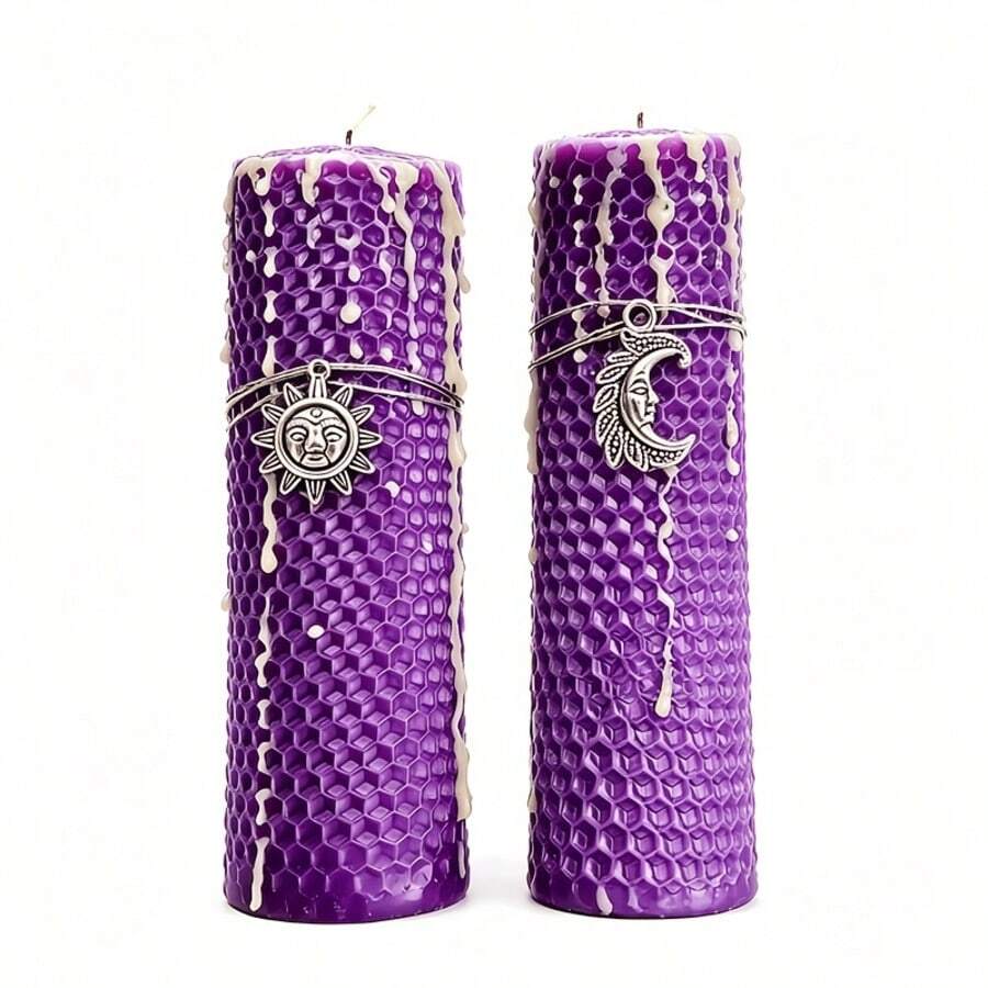 Purple Beeswax Pillar Candles - 2pcs, Sun & Moon Hanging Decorative Aromatherapy Candles, Home Desktop Atmosphere Decor - Magic Candles - 2pcs - View 1