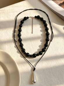 A Set Of Pu Leather Beaded Multi-Layered Women's Casual Necklaces With Tethers, Personalized Daily Drop Pendant Necklaces, And Versatile Commuting. - Multicolor - View 7