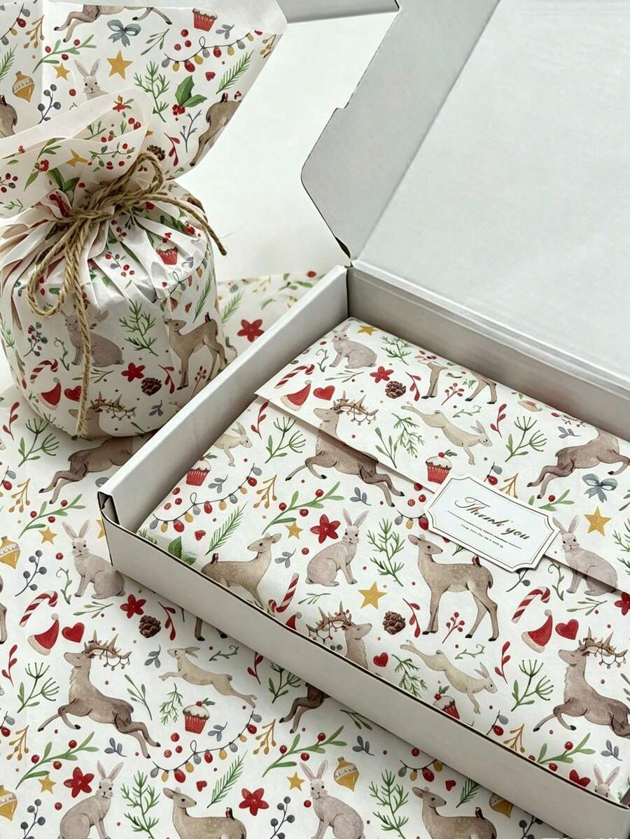 10pcs Christmas Deer Pattern Handmade Paper, Christmas Lights, Rabbit, Christmas Hat, Pine Cone - 20 Inch * 14 Inch, Handmade Wrapping Paper, Easy To Protect Items, Gift Box Filler, Party Decoration - Christmas Style Design, Durable Packaging, Holiday Gift Wrapping, Holiday Decoration - A - View 1
