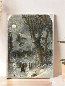 1pc Diamond Painting Kit, Vintage Winter Night Countryside Landscape Diamond Art, Handmade DIY Rhinestone Decor Painting, Living Room Bedroom Atmosphere Snow Scene Wall Art - round diamond - View 5