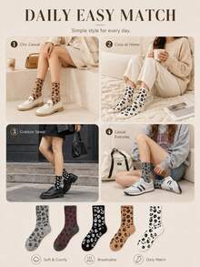 4 Pairs Women's Fashion Leopard Print Mid-Calf Socks, Breathable And Comfortable, Christmas Gift, Random Color, Suitable For Daily Wear And Outings, All Seasons - Multicolor - View 9