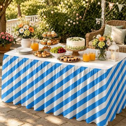 1 Falda de mesa con rayas diagonales azules y blancas impresas en 2D, adecuada para decoración del hogar, decoración de vacaciones, suministros para fiestas, regalos para fiestas, decoración de actividades de fiestas y decoración de cubrimiento de mesa.