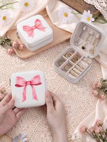 Bow Print Jewelry Organizer Display Travel Jewelry Zipper Case Boxes Earrings Necklace Ring Portable Jewelry Box Leather Storage - White - View 4