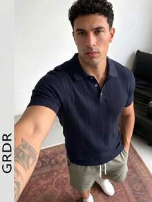 GRDR 男士新款 Polo 领时尚针织短袖 T 恤 - 休闲简约日常穿着 - 藏蓝色 - 查看 3