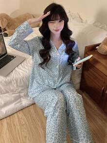 2pcs/Set Women's Sky Blue Leopard Print Open Front Pajamas, Lapel Collar Button Long Sleeve Top And Long Pants Loungewear, Suitable For Autumn/Winter/Spring/Summer - Sky Blue - View 6
