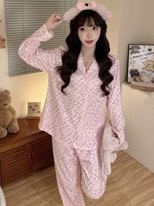 Women's 2-Piece Pink Leopard Print Pajama Set, Cardigan Button Long Sleeve & Long Pants, Wearable Loungewear, Autumn/Winter - Pink - View 4