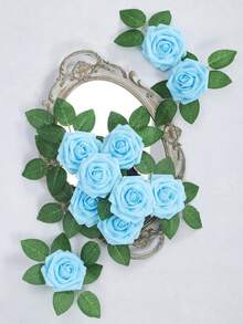 50 Pcs (25 Roses, 25 Leaves) Artificial Roses With Stems, Suitable For DIY Wedding Bouquets, Table Decorations, Parties, Home Decor, Also Suitable For Valentine's Day, Gifts, Birthdays, New Year, Graduations And Other Occasions (Box Not Included). - Blue - View 2