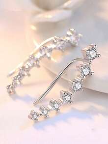 SYMFNY 1 Pair Affordable Luxury 925 Sterling Silver Double Row Earrings, Inlaid With Exquisite Cubic Zirconia Gemstones - Silver - View 3