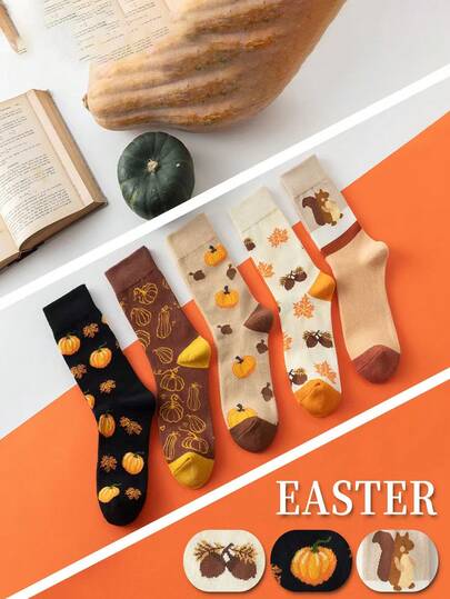 5 Pairs American Retro Autumn Pumpkin & Maple Leaf Pattern Mid-Calf Socks, Halloween Vibe Niche Gentle Style Fashion Socks