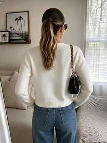 Solid Color Round Neck Front Button Short Knit Cardigan, Minimalist Long Sleeve Sweater Jacket, Casual Fashion Daily Wear Minimalist Outfit - White - View 2