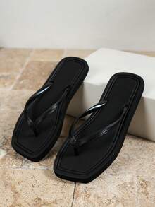 Solid Color Women's Spring/Summer Square Toe Soft Comfortable Open Toe Thong Flip Flops For Outdoor, Vacation, Beach, Bathroom - Black - View 5
