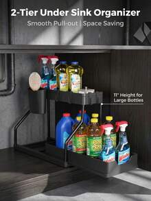 Double-Layer Under Sink Storage Rack With Smooth Pull-Out Mesh Basket Drawer, Double Storage Space Organizer With Side Hooks And Detachable Storage Cup, Pull-Out Cabinet Organizer For Kitchen And Bathroom Cleaning Supplies - Black - View 2