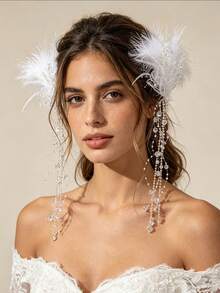 2pcs Women's Ethereal White Feather Butterfly Hair Clips, Long Pearl Tassel Side Clips, Bridal Hanfu Accessories - Multicolor - View 6