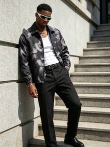 Men's Full Body Artistic Painting Pattern Print Coach Jacket, Lapel Full Zip Elastic Cuffs Loose Fit Streetwear Style Outerwear, Suitable For Spring And Autumn - Black - View 3
