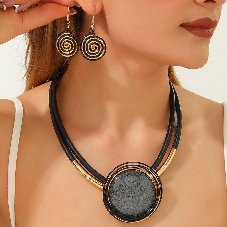 1 Set European & African Bohemian Exaggerated Handmade Heavy-Duty Aluminum Wire Woven Geometric Resin Necklace & Earrings - Black - View 1