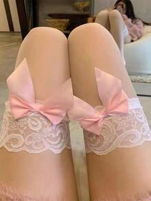 1 Pair Pink Semi-Sheer Bow Over-The-Knee Socks, Women's Socks, Suitable For Daily Wear - Multicolor - View 6