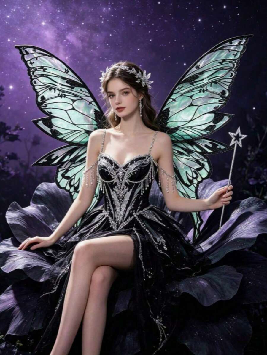Adult Fairy Costume, Featuring Colorful Butterfly Wings And Magic Wand, Suitable For Halloween Role-Play, Themed Parties And Stage Performances - Multicolor - View 1