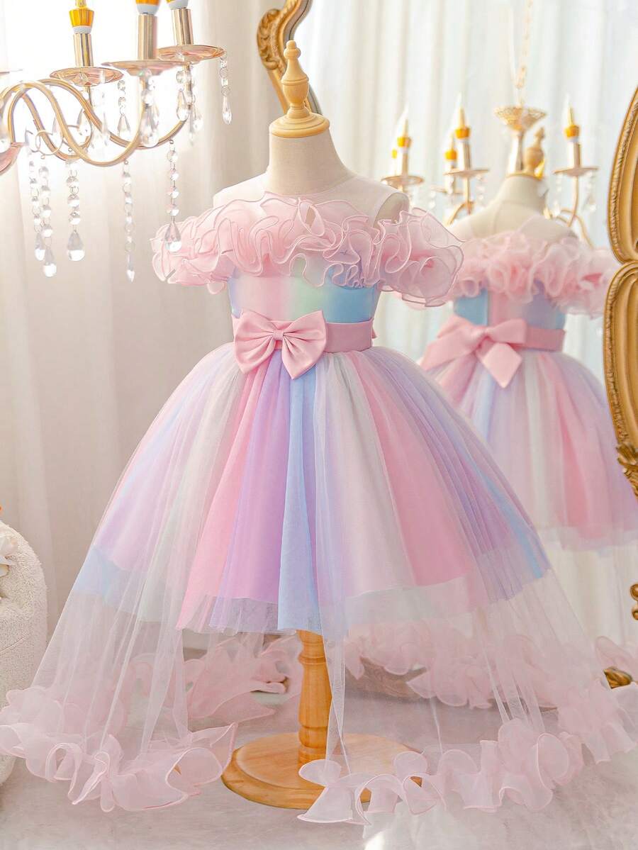 Iridescent Gradient Tween Girl Flower Girl Long Dress, Off-Shoulder 3D Ruffle Princess Gown With Front Slit, High Waist Satin Bow Colorblock Fluffy Tulle Skirt For Girls Wedding, Baptism, Party, Performance
