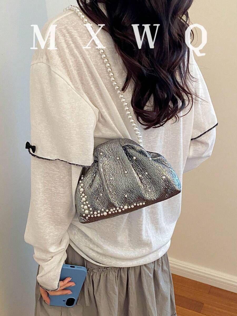 新款復古風布料珍珠鏈條扣女款手提包，優雅百搭斜挎包