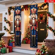 2pcs Merry Christmas Theme Front Porch Sign Party Banner, Polyester, Oil Painting Texture Nutcracker Christmas Print, Rustic Winter Christmas Entryway Front Door Party Welcome, Christmas Party Decoration - A - View 8