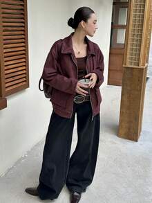 Women's Autumn Jacket, Vintage Suede Material, Vacation & Commute, Loose Collegiate Style, Casual Short Motorcycle Jacket - Burgundy - View 6