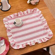 1/2/4/6/8pcs Red Triple Stripe Ruffle Edge Square Placemats, Multiple Quantity Options, Versatile For Home Kitchen Table Decor, Water Cup Bowl Plate Anti-Slip Mat, Suitable For Holiday Party Birthday Wedding Dinner Office Desk Coffee Table Home Decor Room Decor Dorm Decor All Season - Red - View 2