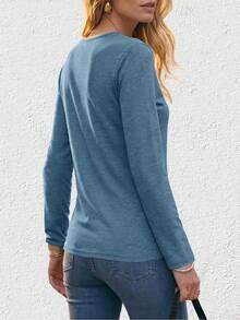 Women's V-Neck Long Sleeve T-Shirt, Bow Decor, Regular Length Top, Suitable For Autumn/Winter Wear, Casual Style - Gray-blue - View 2