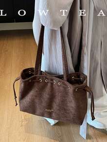 low tea 1pc Minimalist Fashion Suede Fabric Shoulder Small Tote Bag, Suitable For Commuting, Shopping, Etc. - Coffee - View 9