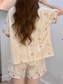 2件組女款睡衣家居服套裝，開襟翻領可愛小狗與蝴蝶結印花短袖時尚休閒短褲，春夏季，易打理面料 - 香檳色 - 查看 3