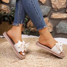 Women's Bow Decor Flat Sandals, Fashionable Comfortable Lightweight Round Toe Cushioned Beach Shoes - Beige - View 5