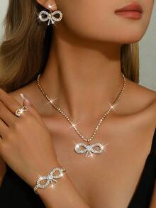 Gold Rhinestone Bow Jewelry Set, Sparkling Crystal Necklace Pendant Earrings Bracelet Ring, Bridal Wedding Prom Evening Party Costume Jewelry Set - Gold - View 1