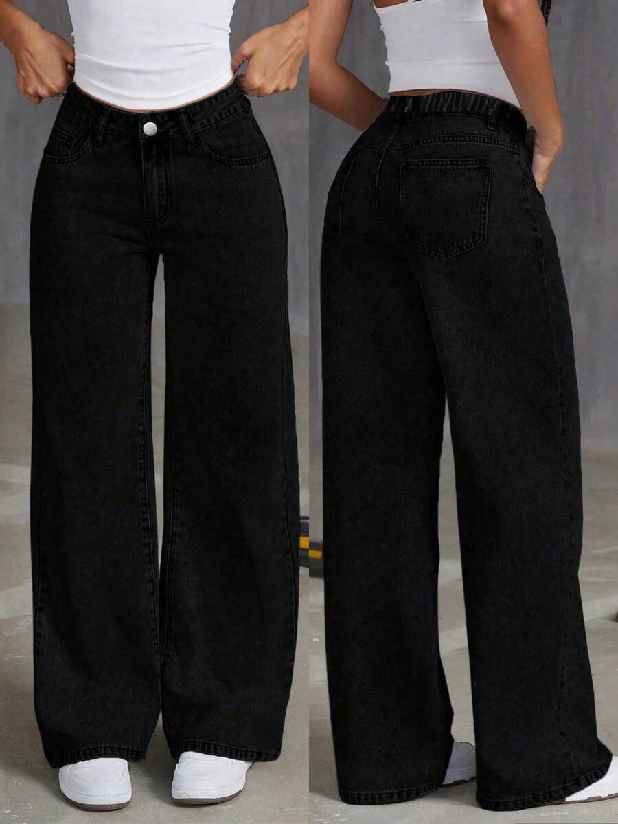 Tween Girls' Loose Fit Casual Comfortable Solid Color Straight Leg Wide Leg Jeans - Black - View 1