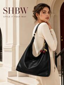 SHBW Women's Large Shoulder Tote Bag With Cherry Charm, New Fashion Design, Elegant And Stylish, Large Capacity Bag - Black - View 3