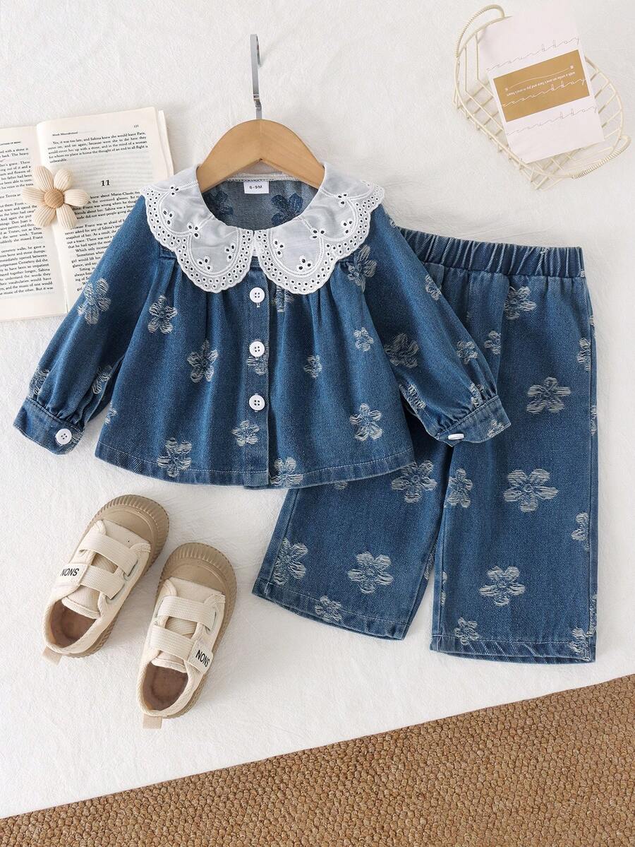 2pcs Baby Girl Vintage Jacquard Lace Peter Pan Collar Long Sleeve Denim Cardigan & Pants Set, Mid-Weight For Spring/Autumn - Dark Wash - View 1
