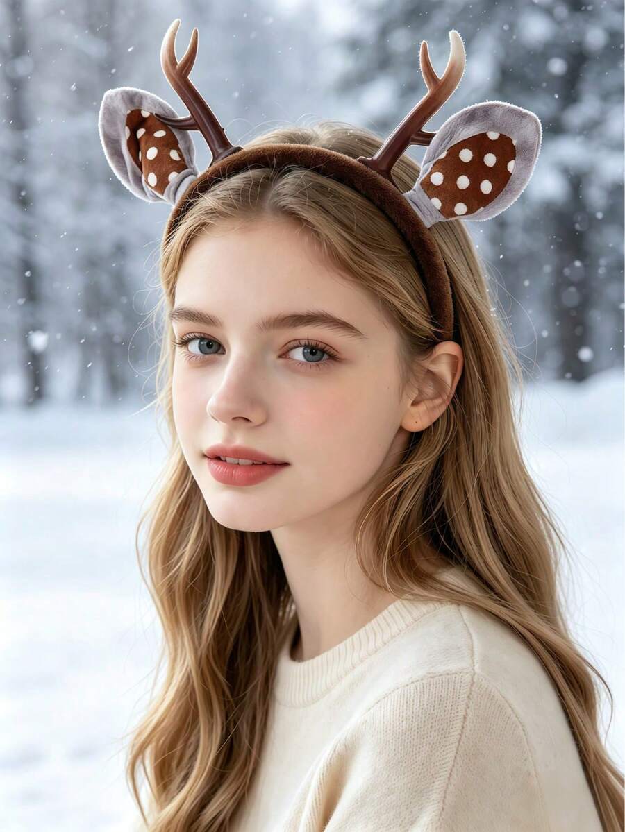1pc Women's Cute Deer Horn Polka Dot Ear Decor Headband, Party Hair Accessory - Multicolor - View 1