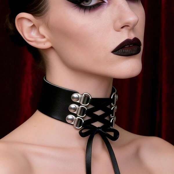 Women's Gothic Wide Lace-Up Leather Choker, Halloween Rave Accessory Bondage Neck Collar, Black PU Leather Cross-Tie Bow Choker, Adjustable Metal Buckle Wide Neck Collar, Dark Vintage Subculture Hot Girl Collarbone Accessory, Nightclub Party, Music Festival Outfit Decoration, Beach Club Style Item, Cosplay Role Play Prop, Carnival Matching Accessory, Valentine's Day Niche Creative Gift Personalized Neck Decoration Leather