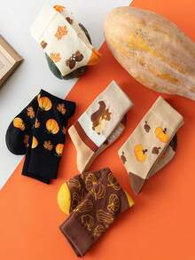 5 Pairs Autumn Pumpkin Maple Leaf Squirrel Print Mid-Calf Cotton Socks, Vintage Caramel Color Palette, Halloween Vibe Slouch Socks, Versatile Women's Socks - Multicolor - View 3