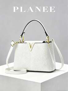Tas Tangan Wanita Mewah Motif Kulit Ular, Desain Berlapis yang Modis, Dipadukan dengan Perangkat Keras Warna Emas, Tas Bahu/Selempang Multifungsi, Bahan PU, Pilihan Elegan untuk Sehari-hari, Motif Kulit Ular, Tali yang Dapat Dilepas - Putih - View 1