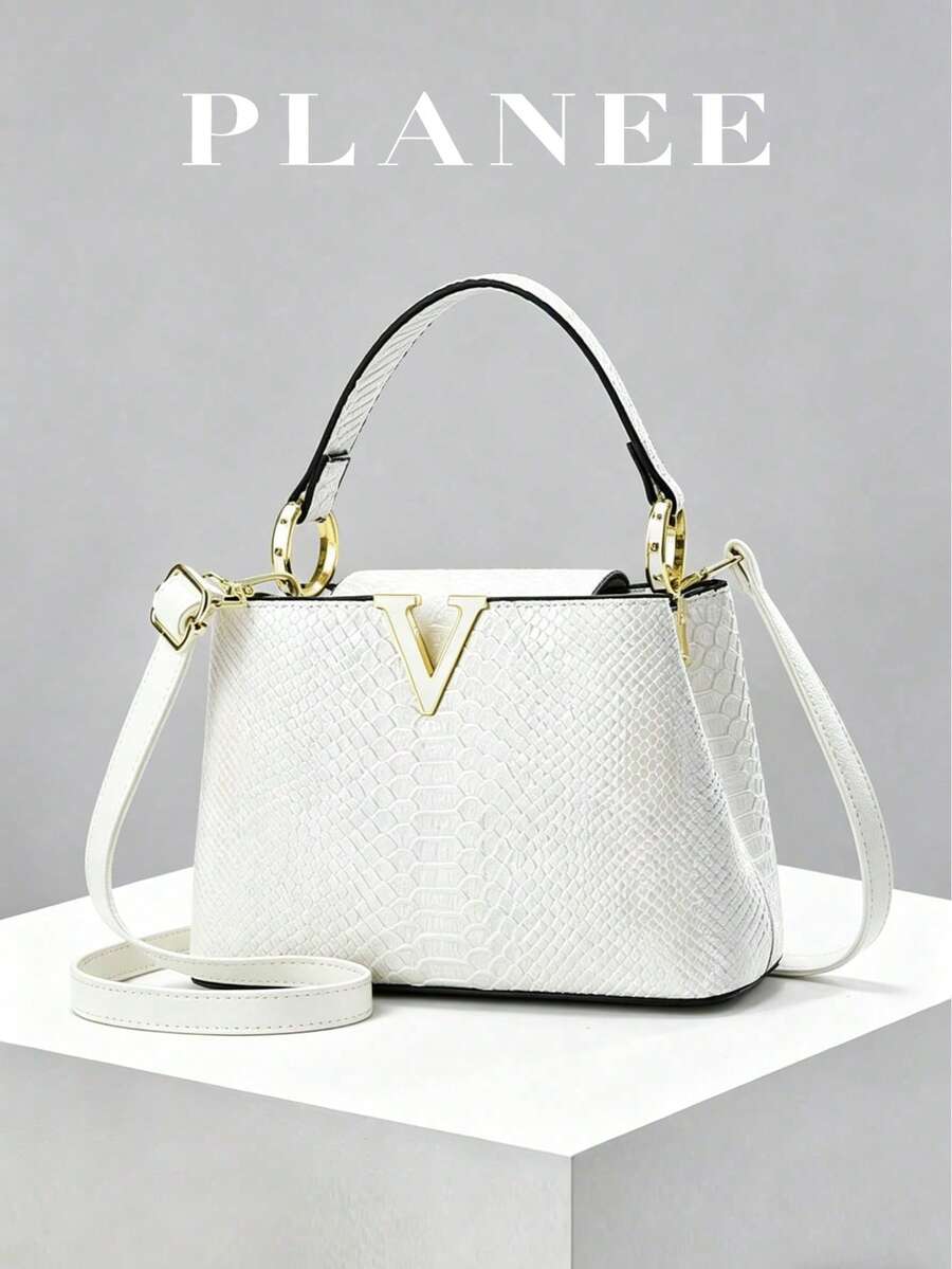 Tas Tangan Wanita Mewah Motif Kulit Ular, Desain Berlapis yang Modis, Dipadukan dengan Perangkat Keras Warna Emas, Tas Bahu/Selempang Multifungsi, Bahan PU, Pilihan Elegan untuk Sehari-hari, Motif Kulit Ular, Tali yang Dapat Dilepas - Putih - View 1