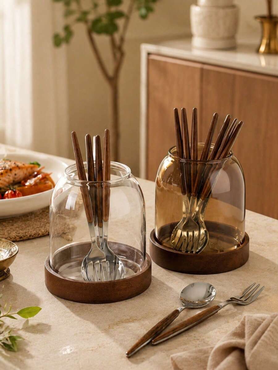 1pc Glass Kitchen Utensil Holder, Solid Wood Base, Open-Top Kitchen Utensil Storage Can, Suitable For Forks, Spoons, Chopsticks And Small Tools, Transparent Or Amber Color Optional, Suitable For Countertop, Dining Table, Dorm And Daily Home Storage, Utensils Not Included