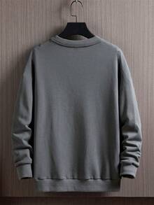 American Casual Solid Crew Neck Pullover Sweatshirt, Men No‑Print Basic Style Rib Cuff Loose Long‑Sleeve Top - Dark Grey - View 3