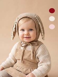 1pc Cute Rabbit Ear Corduroy Lace Decor Baby Beanie Hat, Ear Protection Newborn Cap For Autumn/Winter, Suitable For Daily Home And Outdoor Wear - Ear - View 4