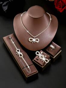 Silver Rhinestone Bow 4-Piece Jewelry Set, Sparkling Crystal Necklace Pendant Earrings Bracelet Ring, Bridal Evening Party Wedding Costume Jewelry Set - Silver - View 2