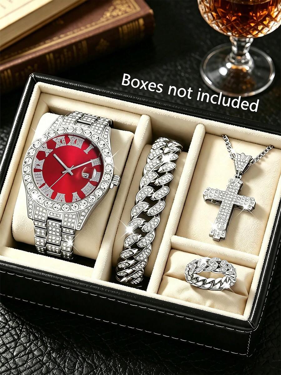 1/2/3/4pcs Men's Hip Hop Watch Set With Calendar, Zirconia Inlay And ...